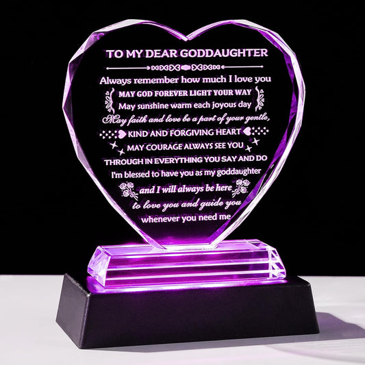 YWHL Goddaughter Gifts from Godmother Birthday Gifts for Goddaughter from Godparents with LED Base Heart Crystal Keepsake Unique Gift Idea for Goddaughter on Mother's Day Christmas
