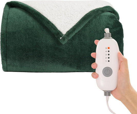 Heated Electric Blanket Queen Size 84''x90'', Dual Controller Soft Flannel with 5 Heat Settings 10 Hour Auto Off Large Blanket for Bed- Grass Green