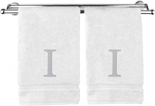 Monogrammed Hand Towel, Personalized Gift, Set of 2- Silver Block Letter Embroidered Towel - Extra Absorbent 100% Turkish Cotton - Soft Terry Finish - Initial I White
