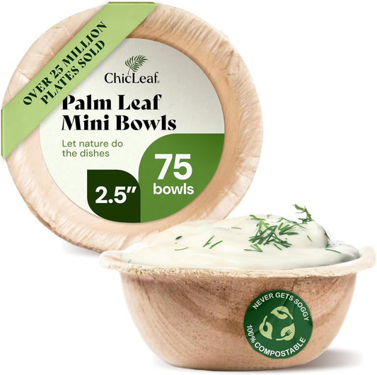 Chic Leaf Palm Leaf Bowls - Mini Disposable Bamboo Bowls for Parties, Event Appetizers, Dessert Cups - Biodegradable & Compostable Party Supplies (2.5'' Round - 75 Pack)