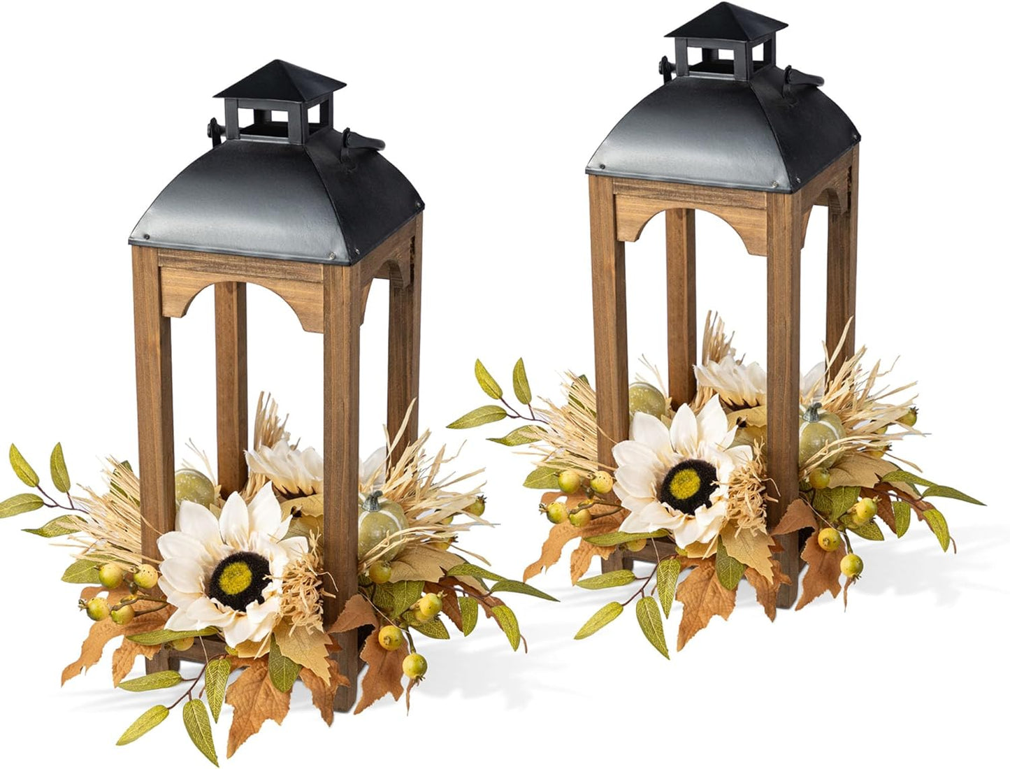 Glitzhome Set of 2 Fall Wood Hanging Lanterns, 20”H Neutral Sunflower, Pumpkin and Leaf Lanterns Decor, Autumn Decor for Porch, Garden, Yard, Table Centerpiece Decorations