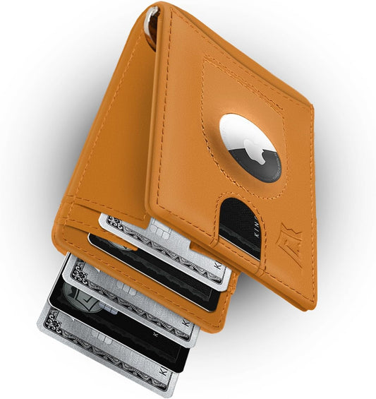 Kings Loot Trackable Airtag Wallet for Men | RFID Blocking Leather Design with Airtag Holder, Money Clip & Pull Tab | Minimalist Air Tag Wallets
