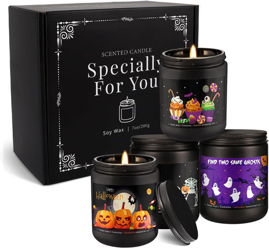 4 Pack Black Halloween Scented Candle Set,4 scents, Halloween Candle Set, 7 oz Each, Long Lasting Candles,Decor for Pumpkin, Witch, Ghost Party Anniversary Present.