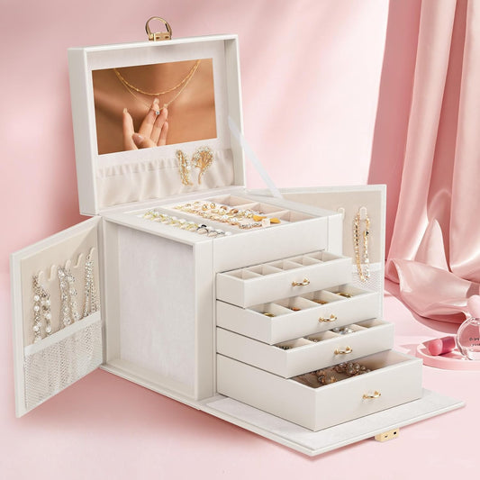 5-Layer Jewelry Box with 4 Drawers, Huge Portable Jewelry Organizer with Lock and Mirror for Women, for Necklace Ring Earring Bracelet Storage, Lockable Jewelry Case, White
