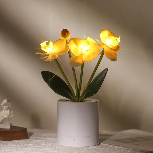WSYEAR Flower Lamp Gifts for Her Women Wife Artificial Orchid Flower 3 Branches in White Pot, Realistic Fake Butterfly Orchid Bonsai for Living Room Decor