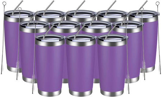 MEWAY 20oz Tumbler 12 Pack Double Wall Vacuum Insulated Travel Mug Bulk, Stainless Steel Tumblers with Lid and Straw, Durable Powder Coated Coffee Cups for Cold & Hot Drinks (Purple, 12)
