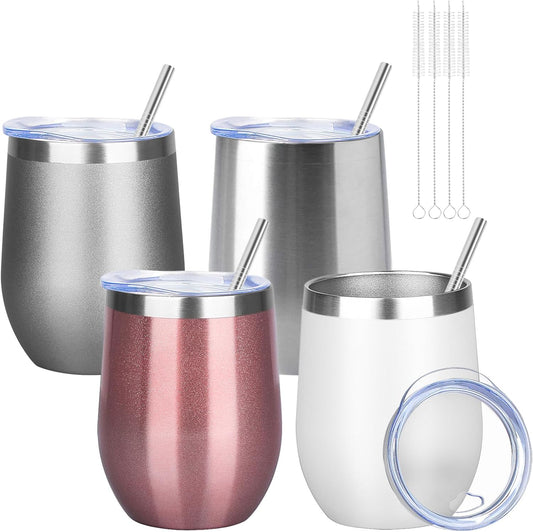12oz/4 Pack Wine Tumbler Glasses with Lid Stemless Double Wall Vacuum Stainless Steel Travel Tumbler Keeping Cold & Hot for Wine,Coffee,Cocktails,Drinks-Family and Gifts (Multi color-3)