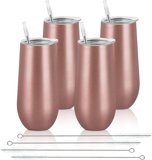 Lifecapido 4 Pack Stemless Champagne Tumblers, 12oz Insulated Champagne Flutes with Lid, Insulated Champagne Glass, Champagne Flute Tumbler, Great Gift for Birthday Party Wedding Christmas (Rose Gold)