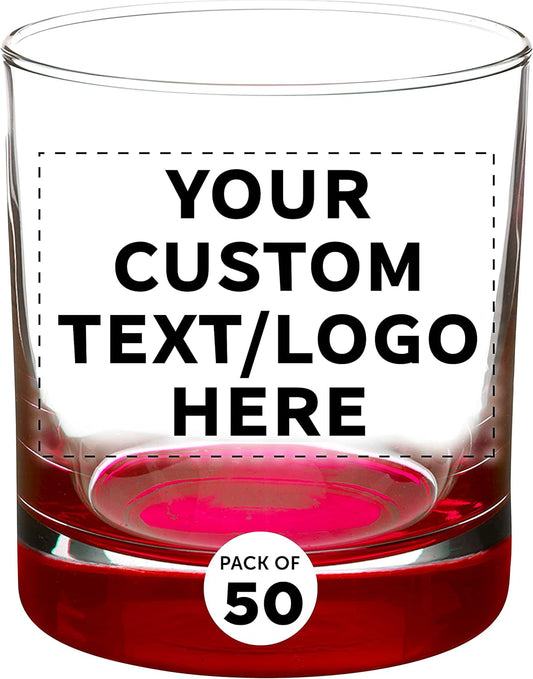 Custom Whiskey Glasses by Libbey 10 oz. Set of 50, Personalized Bulk Pack - Heavy Base Old Fashioned Glass, Perfect for Scotch, Bourbon, Whiskey, Cocktail - Red