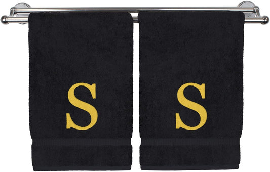 Monogrammed Hand Towel, Personalized Gift, Set of 2- Gold Block Letter Embroidered Towel - Extra Absorbent 100% Turkish Cotton - Soft Terry Finish - Initial S Black