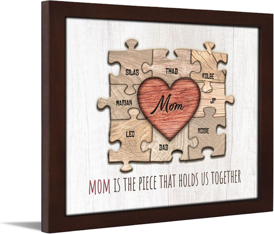 Personal-Prints MOM & Children Personalized HEART Puzzle Wall Art | Unique Customized with up to 8 Names | Mother’s Day, Birthday or Christmas Gift (13"x16" Framed Paper Print, 8 Children)
