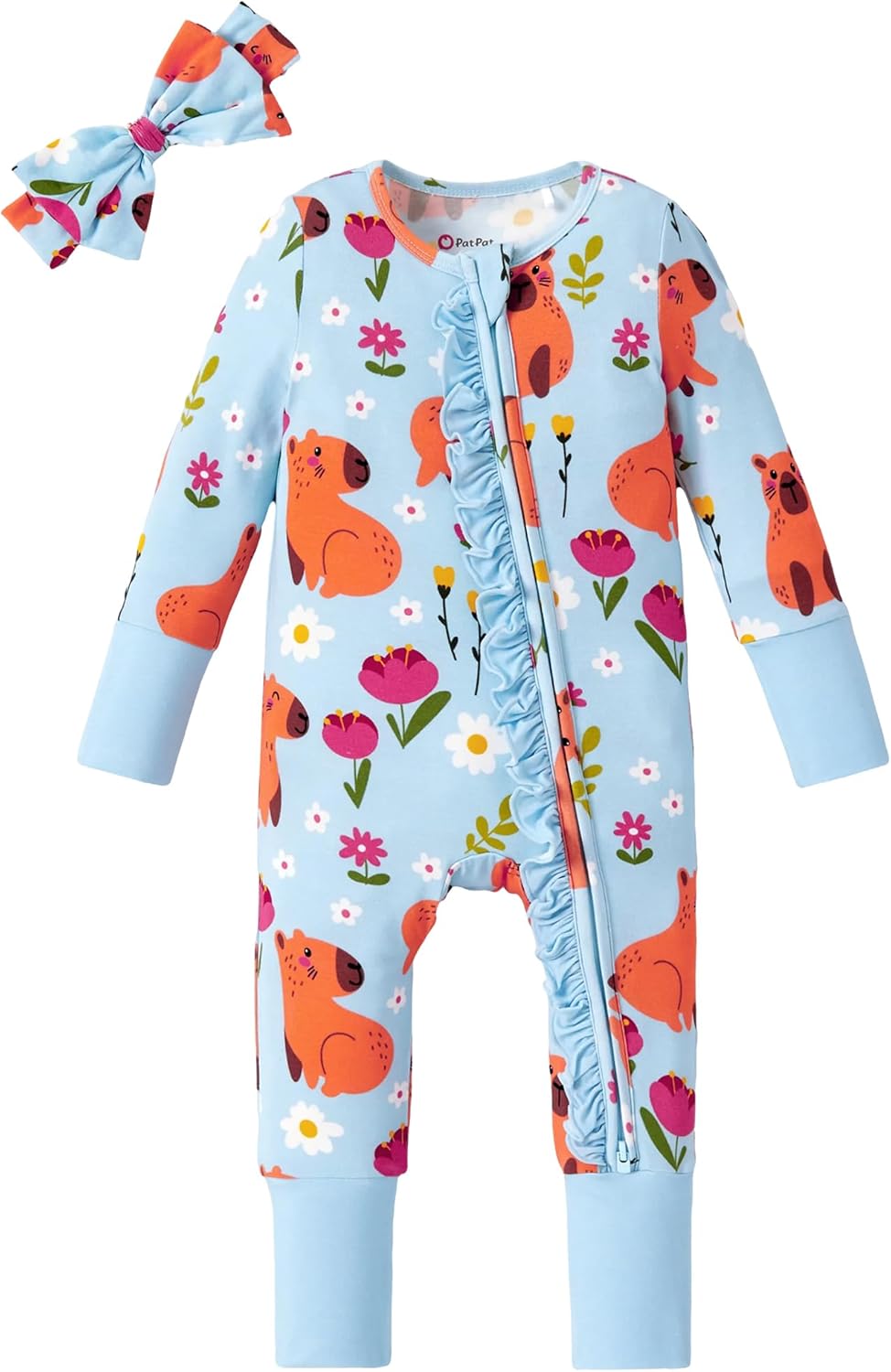 PATPAT Baby Footie Girls - Supersoft Bamboo Viscose - Unisex Infant Clothes - 2 Way Zipper & Mitten & Ruffle Trim & Headband