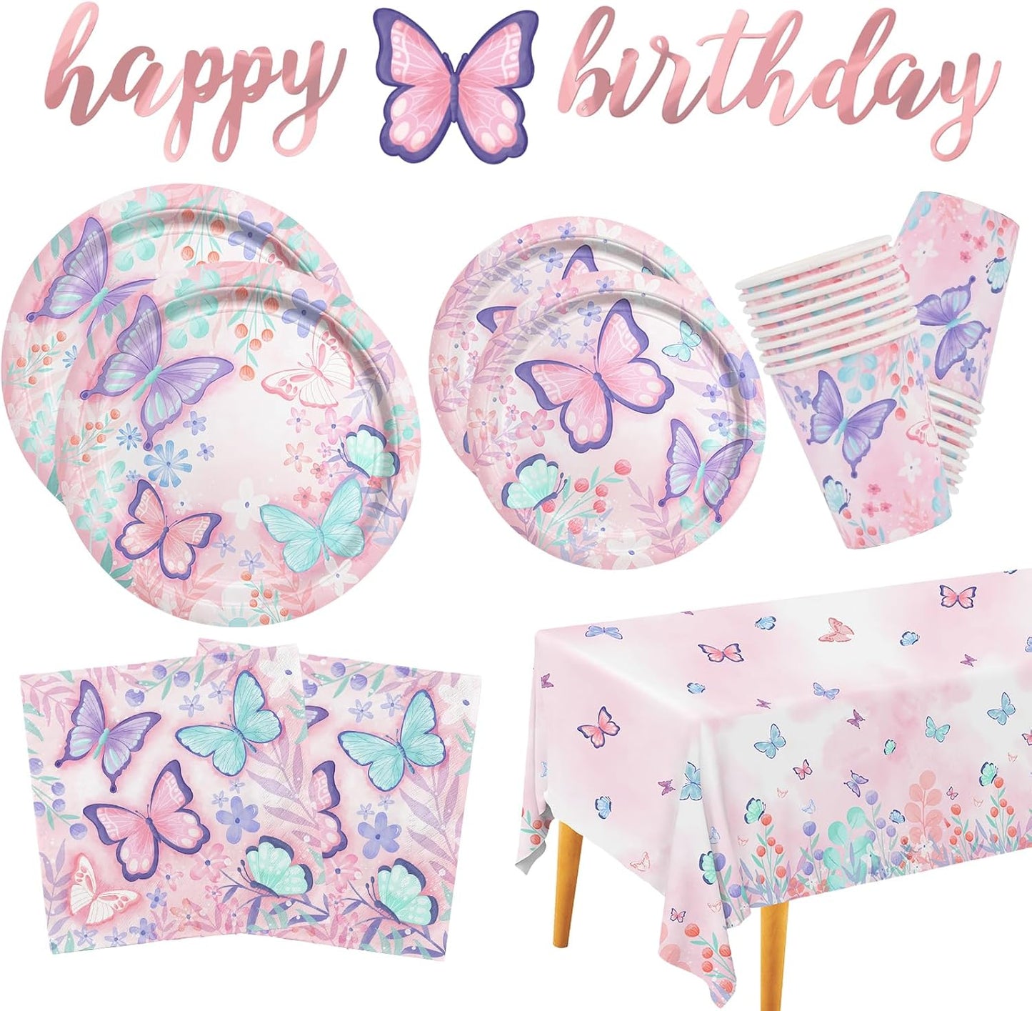 Butterfly Birthday Party Supplies Disposable Paper Plates Napkins Cups Tablecloth and Banner for Butterfly Girl Party Birthday Decorations, Serve 25