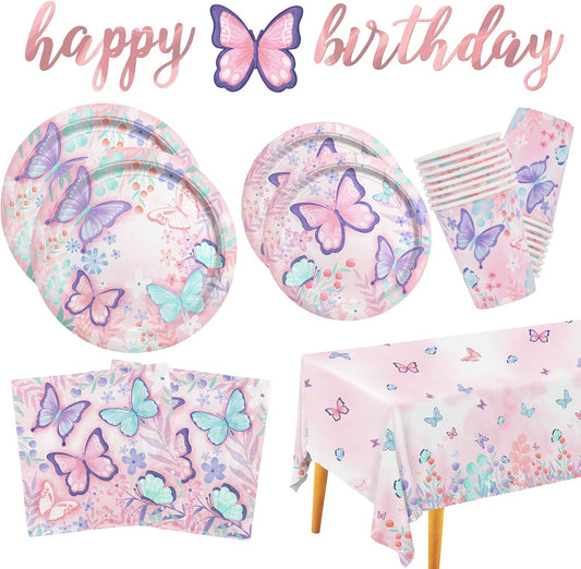 Butterfly Birthday Party Supplies Disposable Paper Plates Napkins Cups Tablecloth and Banner for Butterfly Girl Party Birthday Decorations, Serve 25