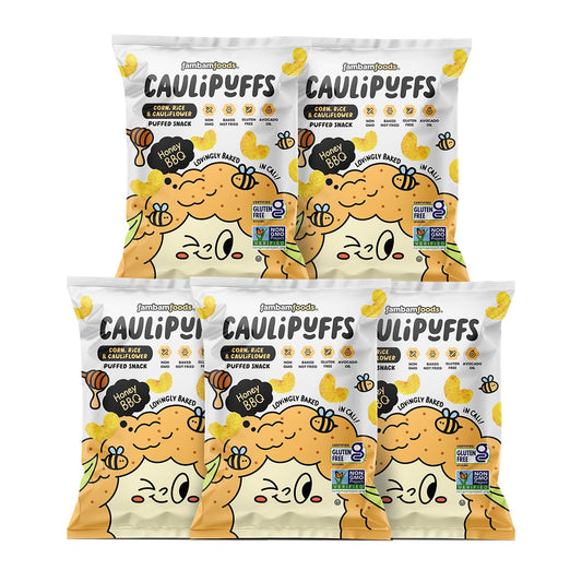 CauliPuffs - Corn, Rice, and Cauliflower Gluten Free Puffed Snack (5 x 3.0oz Bags, Honney BBQ)