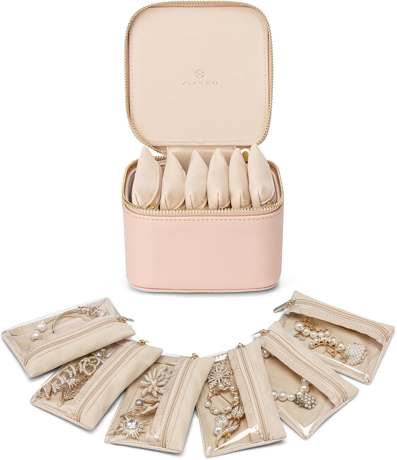 Vlando Small Jewelry Box Organizer,Travel Jewelry Storage with 6 Velvet Jewelry Zipper Pockets,Travel Jewelry Case Birthday Gifts for Women Girls(Khaki)