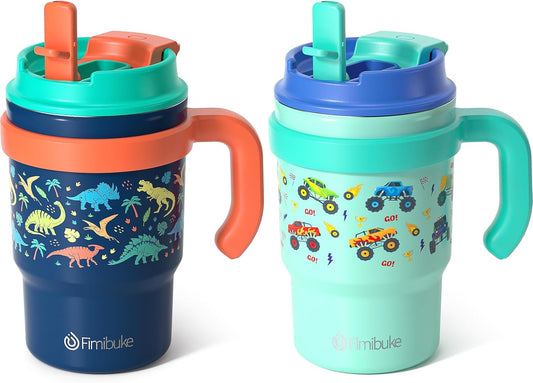 Fimibuke 16oz Kids Insulated Tumbler with Handle & Straws - 2 Pack BPA FREE 18/8 Stainless Steel Toddler Cups with Sip/Swig 2-in-1 Lids, Leak Proof Kid Drinking Cup Travel Mugs for Children Boys Girls