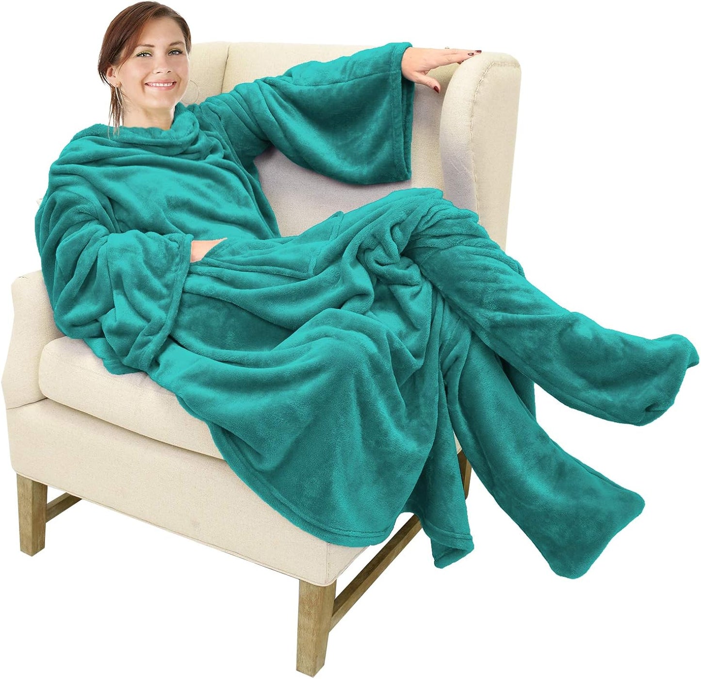 Catalonia Wearable Fleece Blanket with Sleeves and Foot Pockets for Adult Women Men, Micro Plush Comfy Wrap Sleeved Throw Blanket Robe Large, Green, St. Patrick Gift