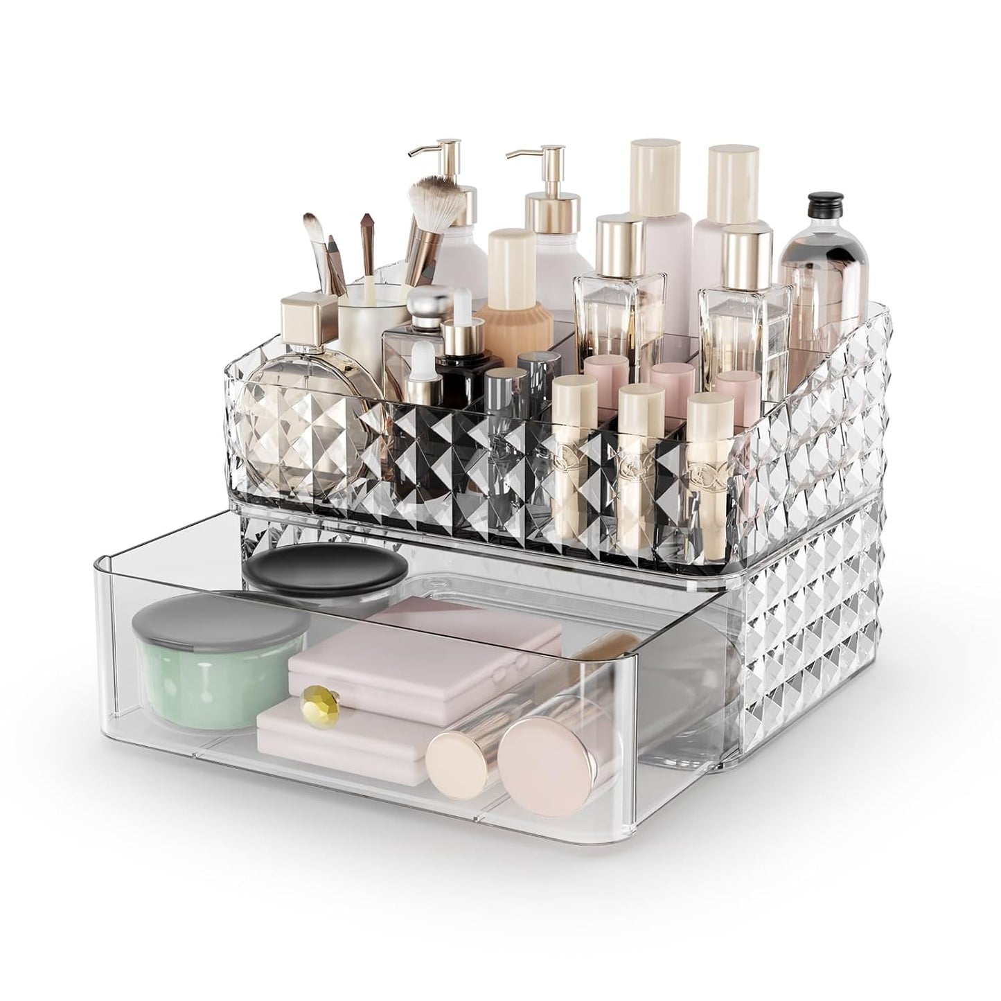 Makeup Organizer for Vanity, Stackable Cosmetics Organizer and Storage, Cosmetic Display Cases with 1 Drawers and 1 Tray for Makeup Brush, Hair Accessories, Lipstick and Jewelry, Clear