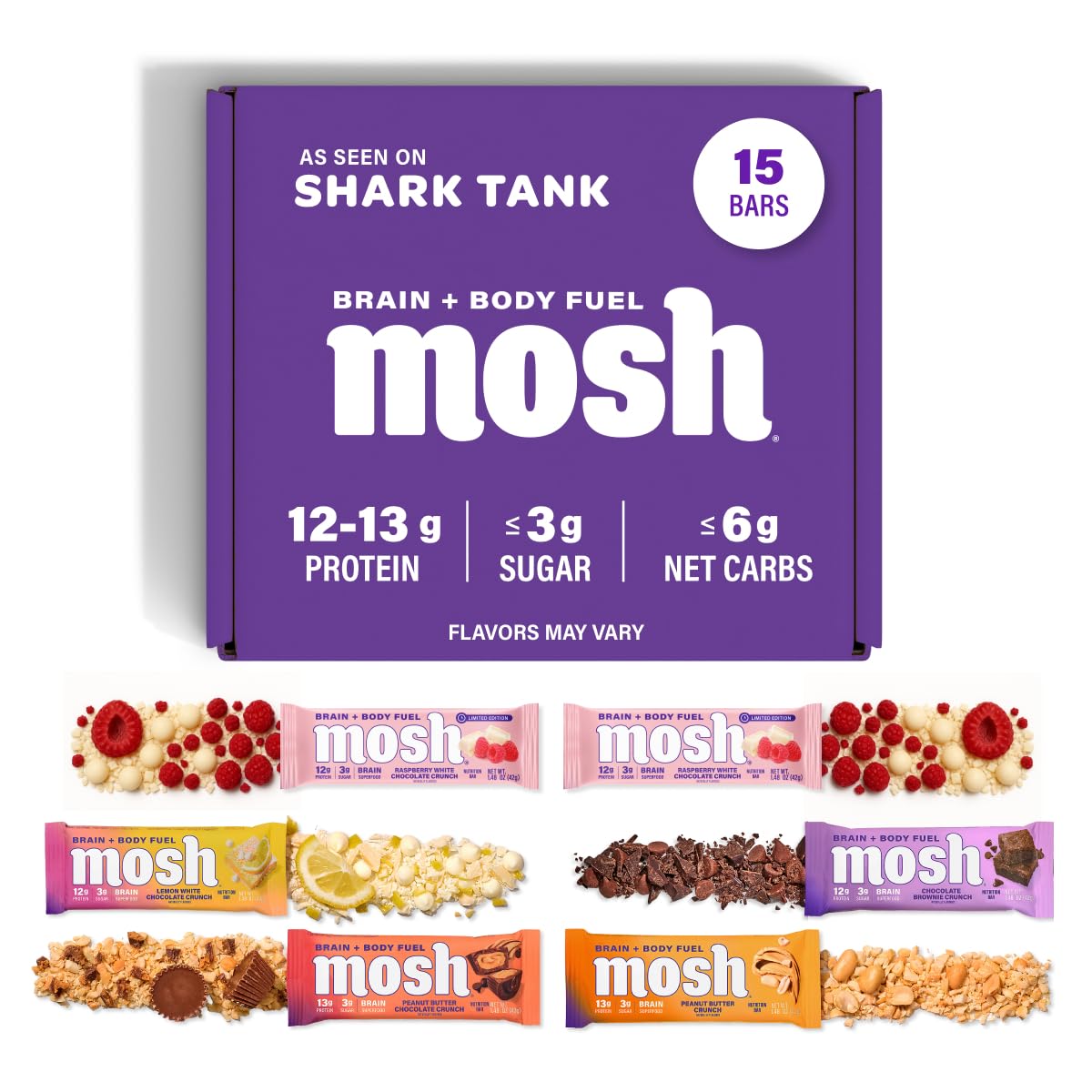 MOSH Variety Pack Keto Protein Bars, High Fiber, Low Carb, Gluten Free, High Protein, Brain Healthy Snack with Ashwagandha, Lion's Mane, 15 Count