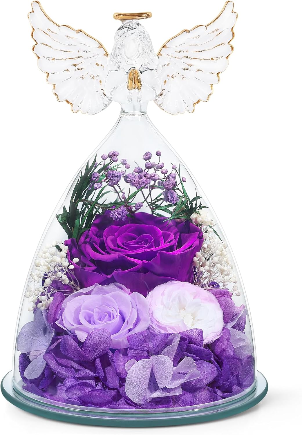 FIACO Gifts for Women Mom Preserved Rose Forever Flower in Glass Angel Figurine Fresh Flowers for Delivery Prime Birthday Gifts for Grandma Wife Sister Christmas Anniversary Eternal Purple Roses
