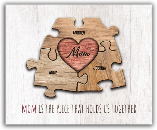 Personal-Prints MOM & Children Personalized HEART Puzzle Wall Art | Unique Customized with up to 8 Names | Mother’s Day, Birthday or Christmas Gift (11"x14" Stretched Canvas, 3 Children)