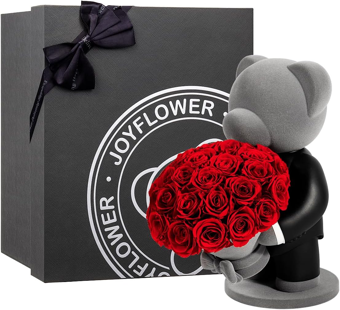 JoyFlower Preserved Flowers with Cute Teddy Bear, Red Eternal Real Roses Romantic Gift with Elegant Gift Box for Girlfriend Wife Her in Valentine's Day, Birthday, Christmas, Weddings, Anniversaries