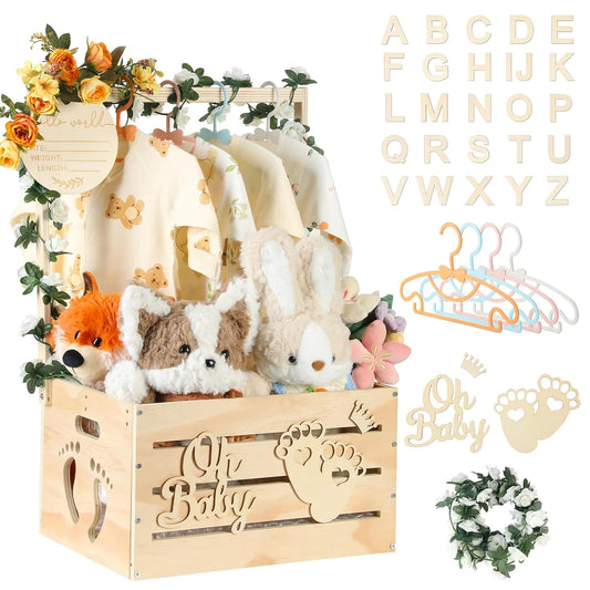 Large Wooden Baby Shower Crate Closet, Customizable Baby Shower Basket with Handle and Garland, New Born Baby Girl Boy Crate Box for Baby Shower for Pregnancy New Mom Parent