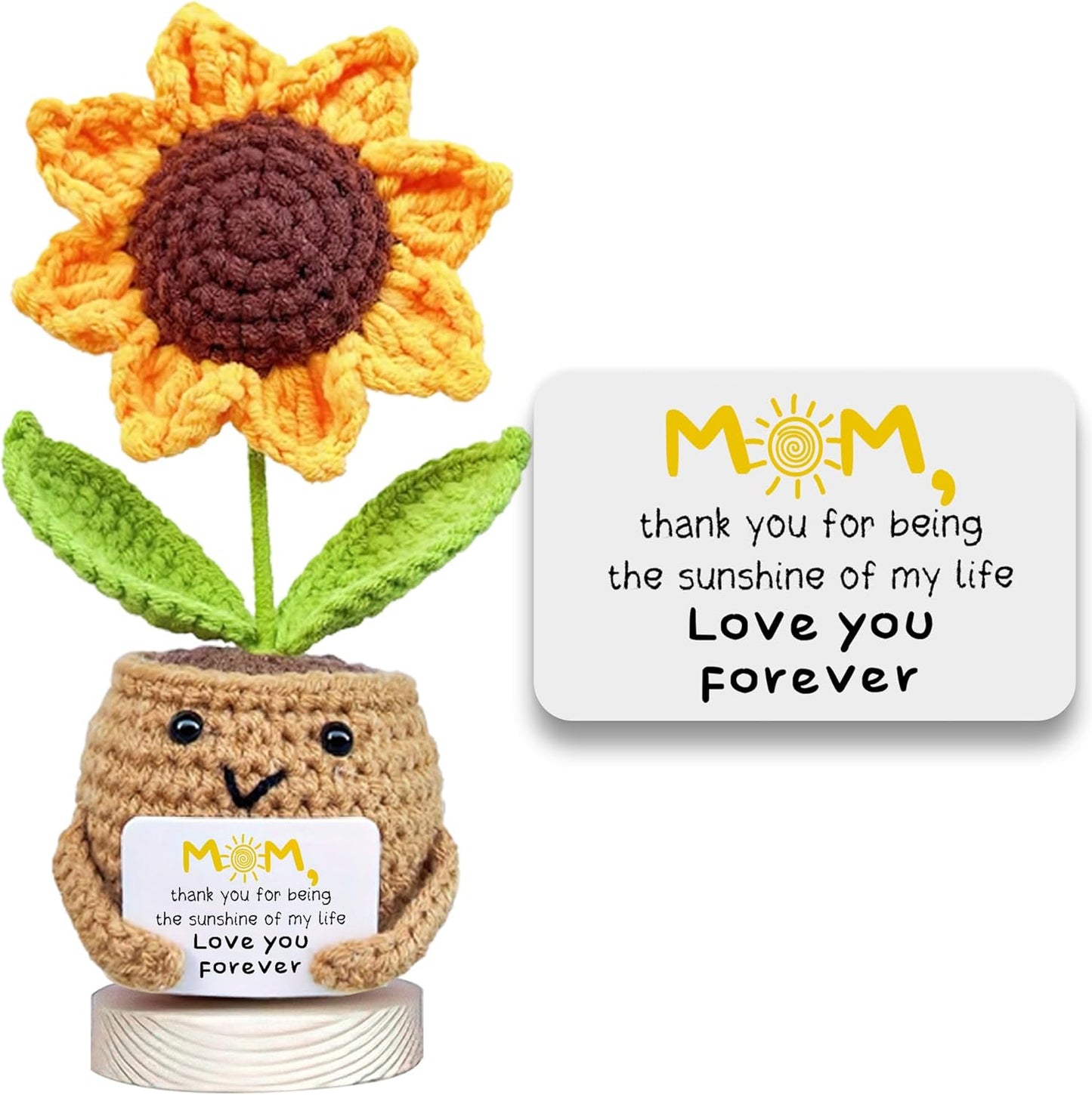 Gossby Gift for Mom - Positive Sunflower Doll Crochet with Card - Love You Forever - Mom Gift from Daughter, Son, Kid - Mothers Day, Christmas, Birthday Present Idea - Knitted Decor