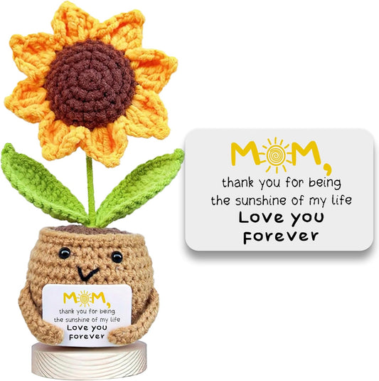Gossby Gift for Mom - Positive Sunflower Doll Crochet with Card - Love You Forever - Mom Gift from Daughter, Son, Kid - Mothers Day, Christmas, Birthday Present Idea - Knitted Decor