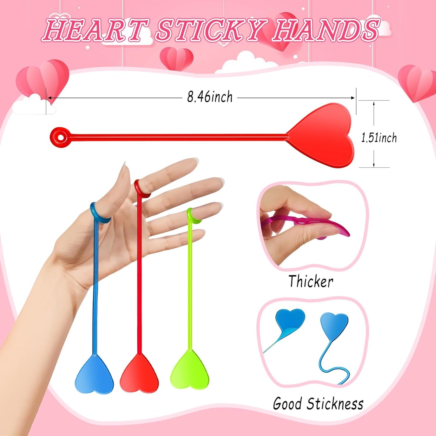 Valentines Sticky Hands Bulk 48PCS Valentines Day Gifts for Kids Classroom Prizes Valentines Party Favors for Kids Stretchy Heart Sticky Hand Toy Valentines Day Goodie Bag Stuffers Kid Party Supplies