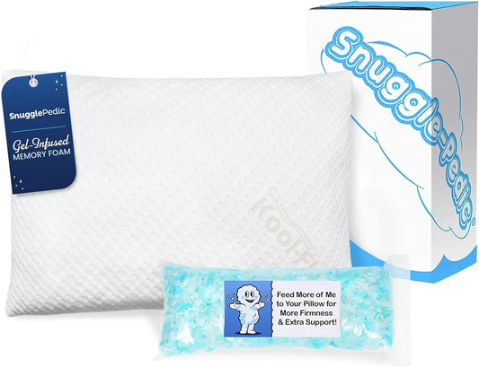 Snuggle-Pedic Adjustable Gel Cooling Pillow - Shredded Memory Foam Pillows for Side, Stomach & Back Sleepers - Keeps Shape - College Dorm Room Essentials for Girls and Guys - Standard