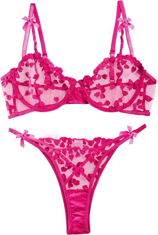 Lilosy Sexy Underwire Cute Push Up Strappy Embroidered Mesh Sheer Lingerie Set See Through Panty Bra