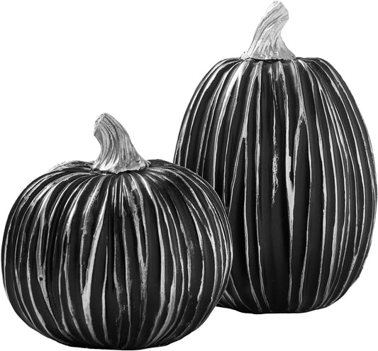 DN DECONATION Pumpkin Decorations for Fall and Halloween Indoor Home Decor, Black and Silver Faux Pumpkins–Fall Halloween Table Centerpiece, 2-Pack Resin Pumpkin for Thanksgiving Modern Farmhouse