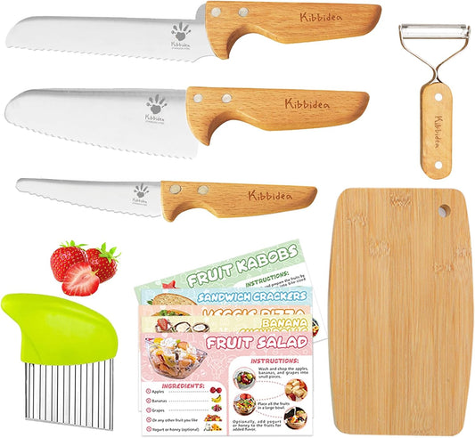 Kids Safe Knife Set for Real Cooking 11-Piece, BPA-free Kids Cutting Board and Knife Set，Firm Grip, Serrated Children Friendly Kitchen Chef Knives for Starter