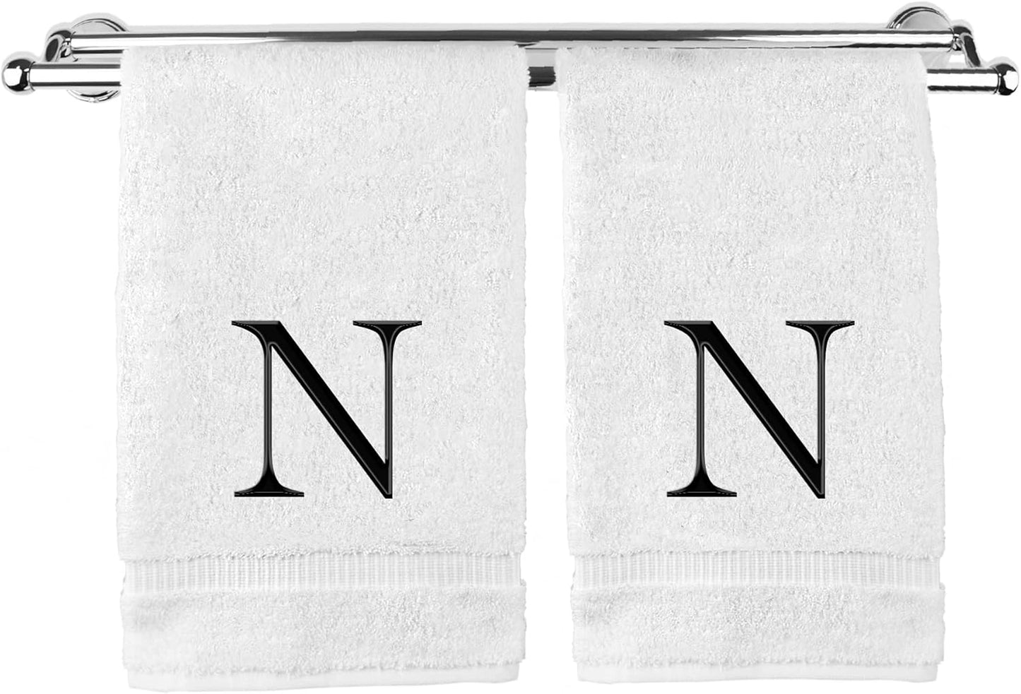 Monogrammed Hand Towel, Personalized Gift, Set of 2- Black Block Letter Embroidered Towel - Extra Absorbent 100% Turkish Cotton - Soft Terry Finish - Initial N White