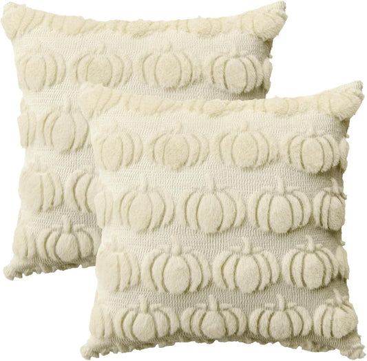 AVOIN colorlife Fall Pumpkin Beige Throw Pillow Covers, 16 x 16 Inch Seasonal Autumn Thanksgiving Harvest Decoration Soft Plush Faux Fur Jacquard Cushion Case Decoration for Sofa Couch Set of 2