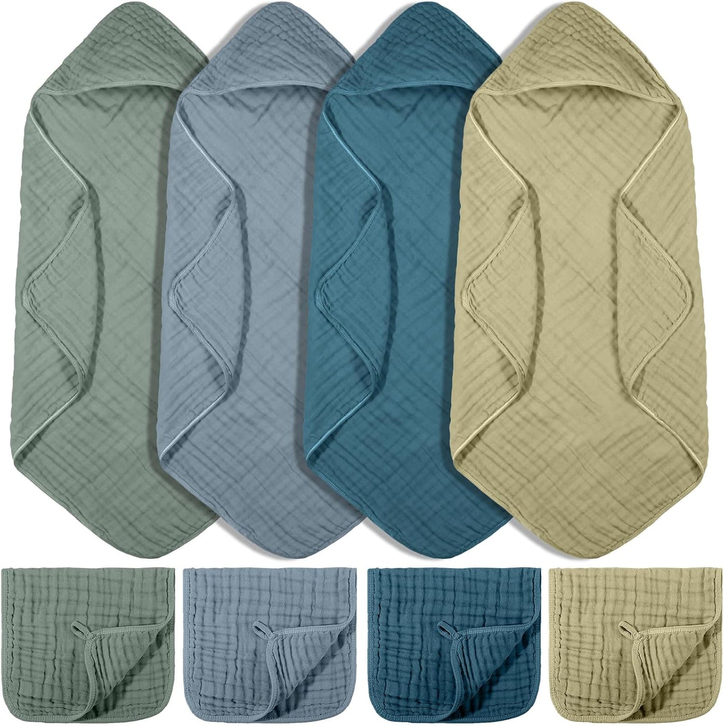 8 Pcs Baby Muslin Hooded Bath Towels and Washcloths, 32 x 32 Inch Cotton Absorbent Blankets for Newborn Infant Shower Gift (Dark Green, Dark Blue)