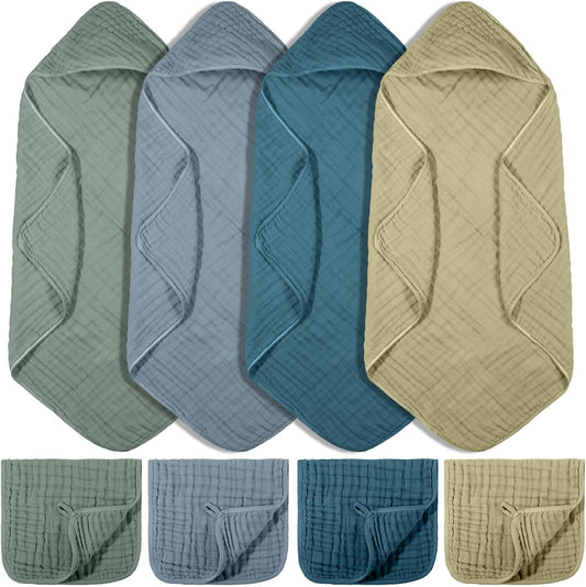 8 Pcs Baby Muslin Hooded Bath Towels and Washcloths, 32 x 32 Inch Cotton Absorbent Blankets for Newborn Infant Shower Gift (Dark Green, Dark Blue)