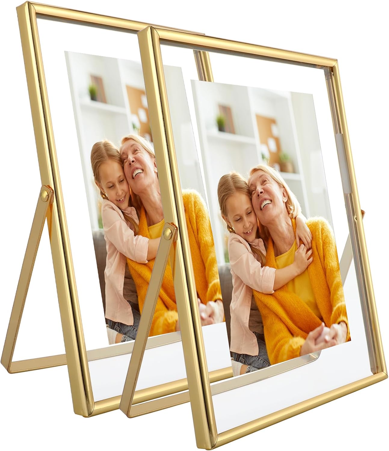 Gold Floating Frame, 5"x7", Vertical, 2 Set, For Picture 4x6, 3.5x5,2x3, Small Desktop Photo Frames, Classy Gift For Anniversary, Wedding or Birthday