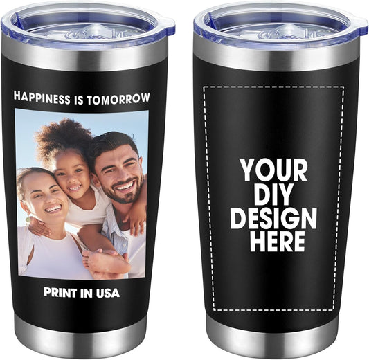Personalized Custom Tumbler Print in USA 20oz Stainless Steel Coffee Cup with Lid & Straw Double Wall Insulated Tumbler with Colorful Text Logo Photo