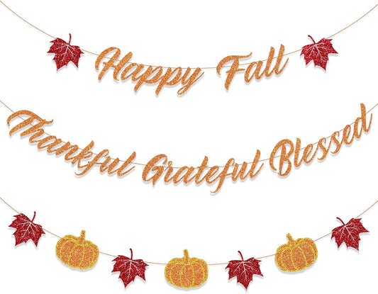 Fall Decorations Home Thanksgiving decor - Happy Fall and Blessed Grateful Thankful Banner with Pumpkin Maple Leaves Sign Garland Banner(Pre-Strung)