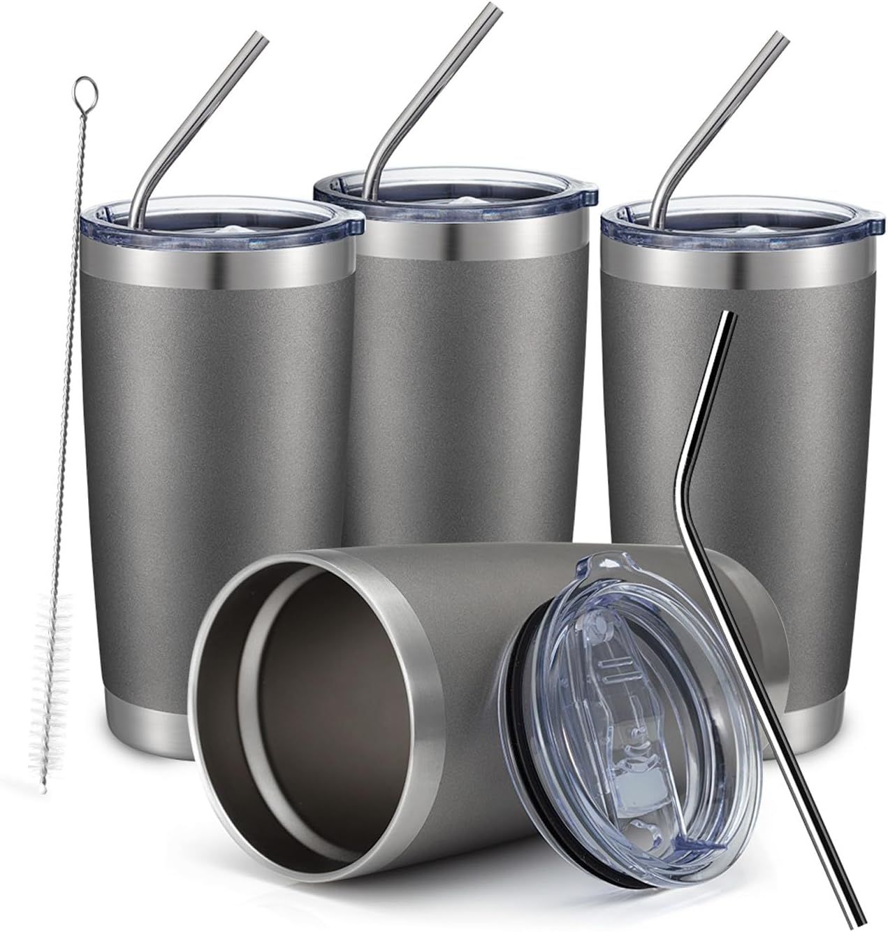 COMOOO 20oz 4Pack Double Wall Vacuum Insulated Travel Mug, Stainless Steel Tumbler with Lid, Durable Powder Coated Insulated Coffee Cup for Cold & Hot Drinks (Grey, 4 Pack)