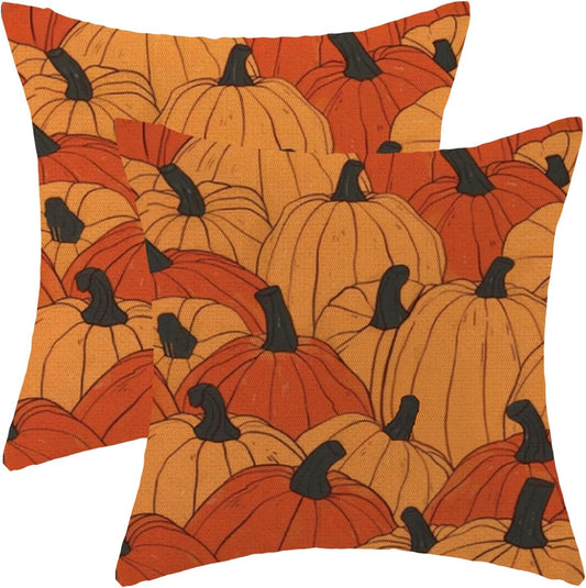 Fall Pillow Covers 18x18 Set of 2 Orange Pumpkin Decorative Throw Pillow Covers Outdoor Decoration Autumn Decor Pillowcase Farmhouse Linen Cushion Case for Sofa Couch