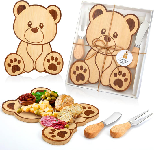 1 Set Baby Shower Prizes Bear Shaped Cheese Board with Cheese Knives and Forks Baby Shower Party Favors Gift Box for Wedding Bridal Birthday Gender Reveal Favor (Bamboo Color)