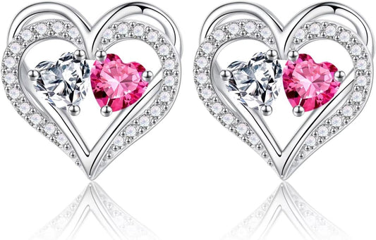 Iefil Birthstone Earrings for Women - 925 Sterling Silver Heart Earrings Anniversary Birthday Gifts for Women Wife Girlfriend Mom