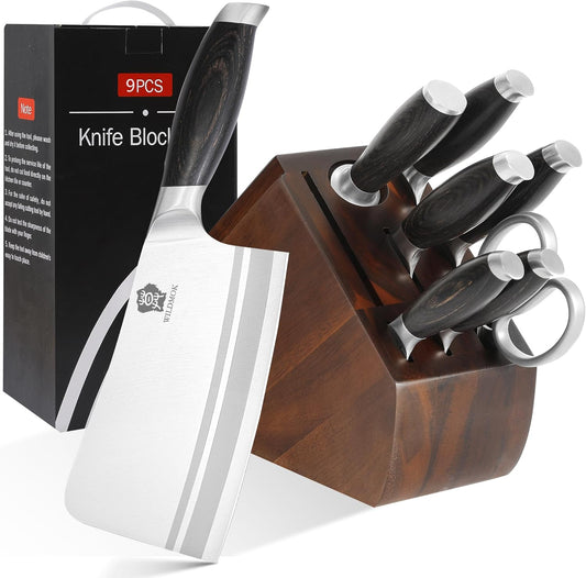 WILDMOK 9 Pcs Knife Block Set, Kitchen Knife Set with Block Wooden, German Stainless Steel Sharp Chef Knife Set with Bone Chopper