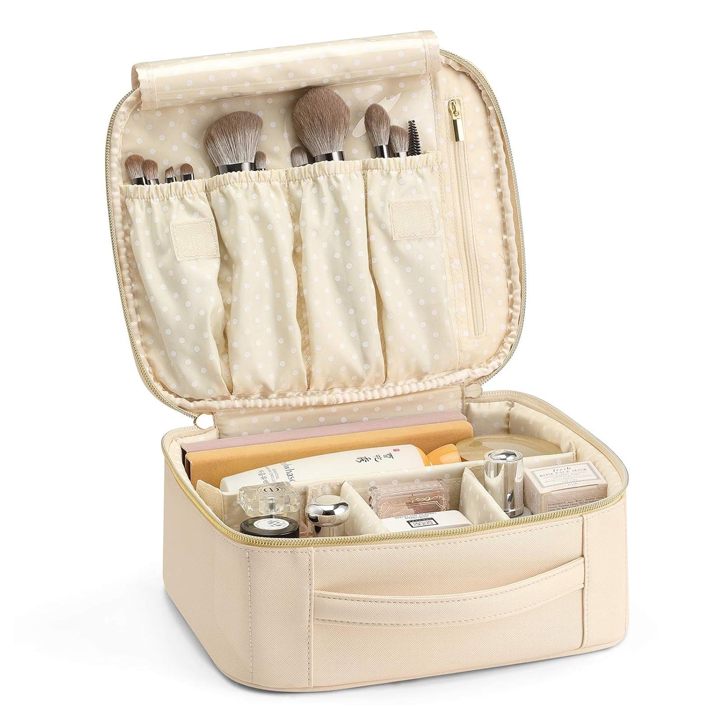 Vlando Makeup Bag,Gifts for Women Travel Makeup Bag Organizer Leather Make up Storage Bag for Women Adjustable Dividers Make up Brushes Case for Valentine's Day Birthday-white