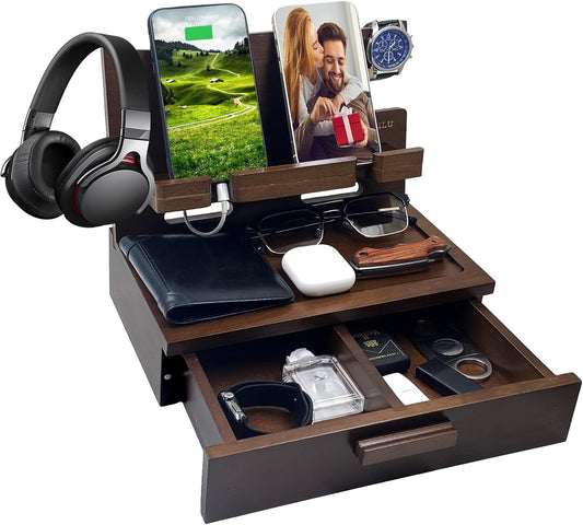 Gifts for Men Women Him Husband Son Boyfriend Birthday Nightstand Organizer Wood Phone Docking Station Birthday Gifts (Deep Walnut)