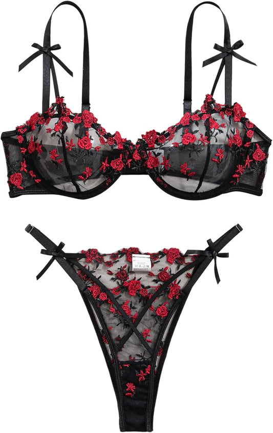 Lilosy Sexy Underwire Cute Push Up Strappy Embroidered Mesh Sheer Lingerie Set See Through Panty Bra